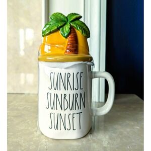NWT Rae Dunn "Sunrise Sunburn Sunset" White Mug with Palm Tree Topper Ceramic